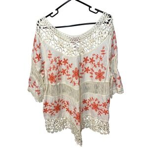 Oliver‎ Floral Embroidered Crochet Trimmed Blouse Top Bohemian Chic XL